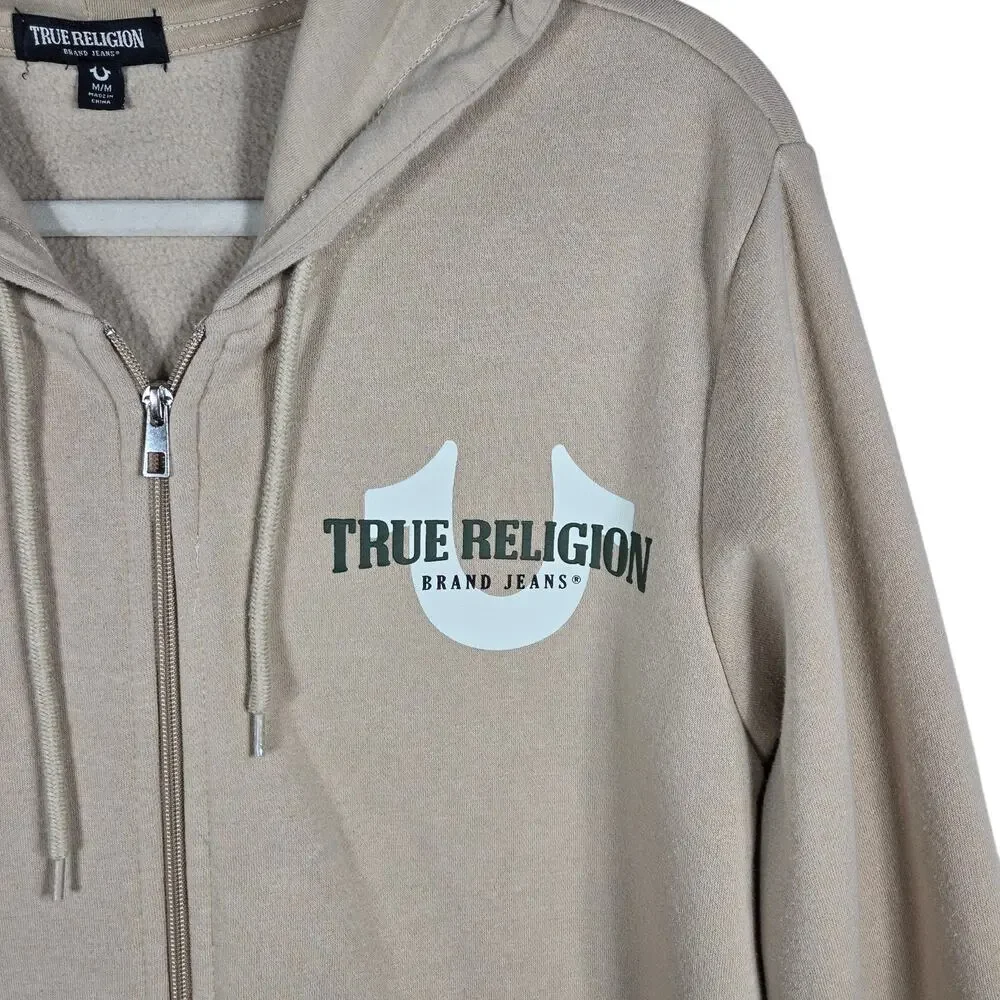 True Religion Brand Jeans Zip Hoodie Mens‎ Medium Beige Graphic Logo Sweatshirt